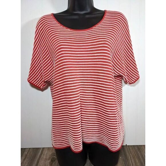 Two Danes Sz Small Red White Stripe Ribbed Cotton Modal Top Tee Short Sleeve - Picture 1 of 8